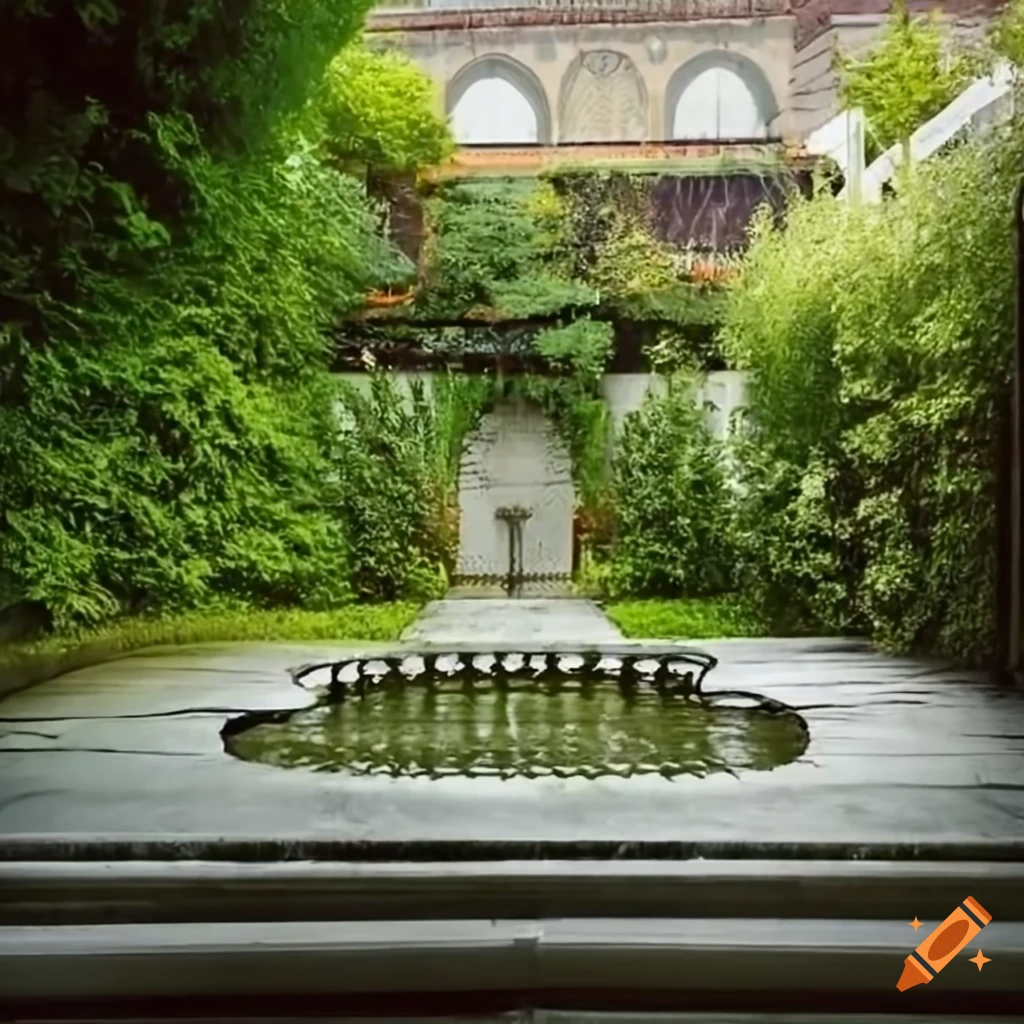 curved silver stairs in a garden leading to a balcony