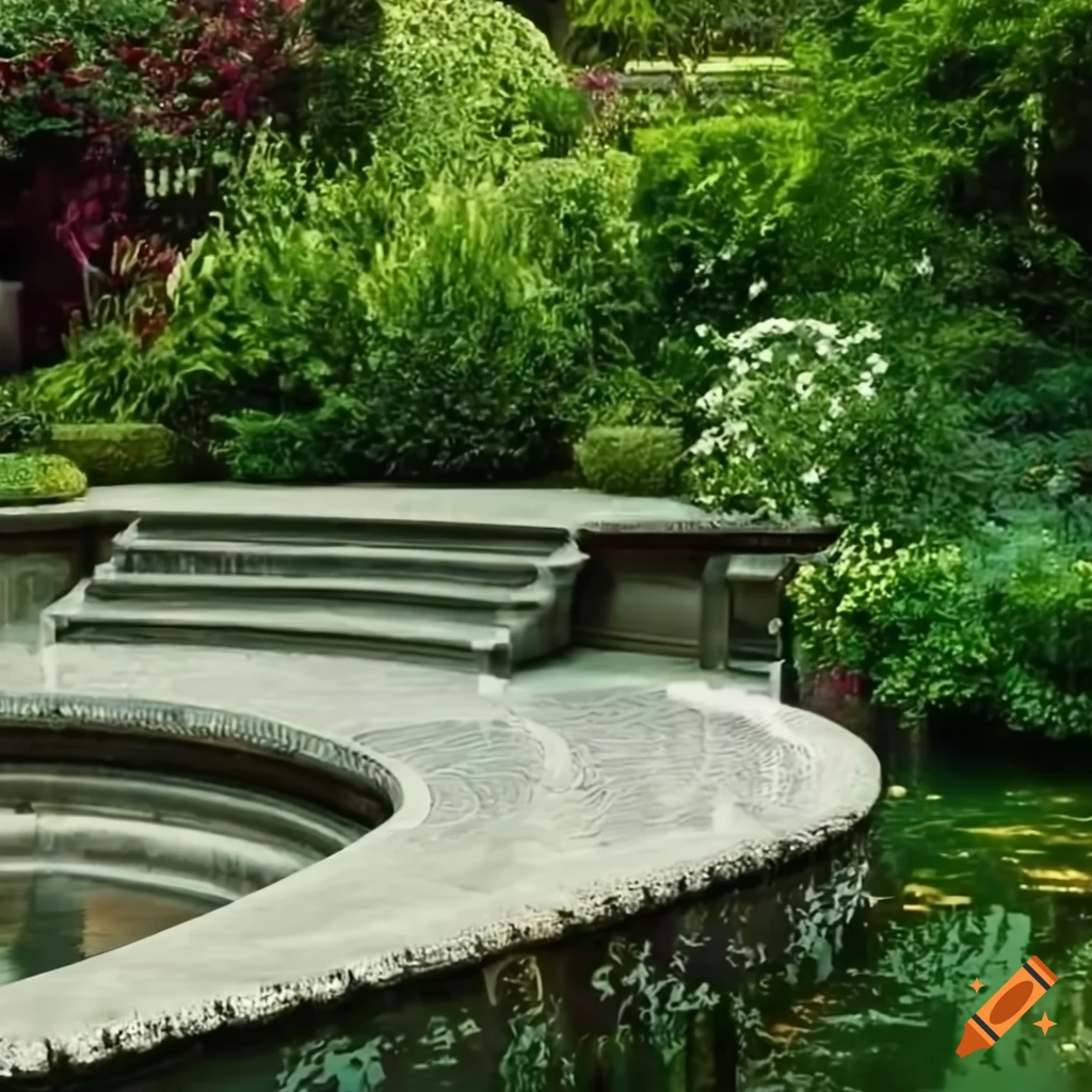 curved silver stairs in a garden leading to an Islamic silver balcony