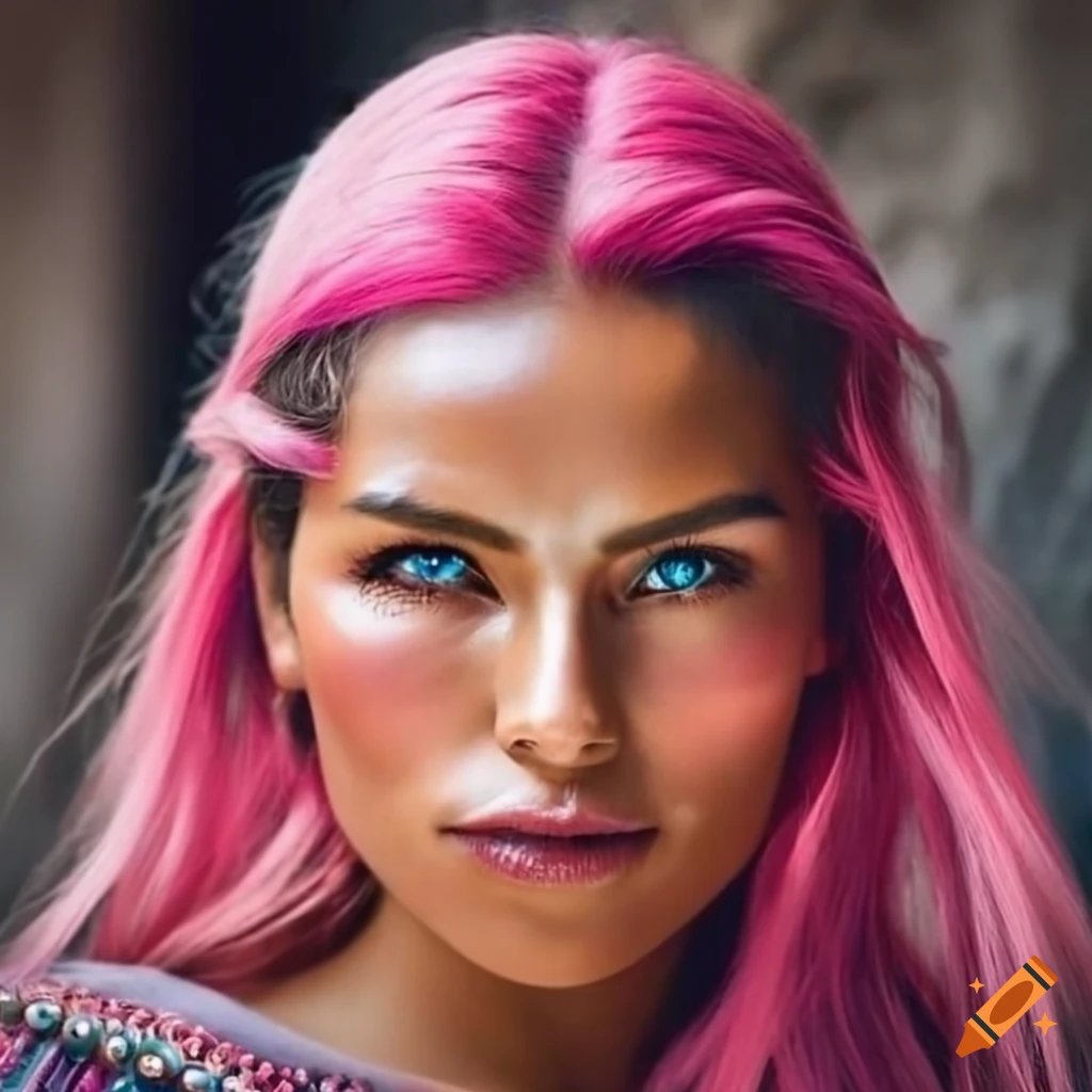 Portrait of a beautiful bolivian woman with pink hair and grey eyes on  Craiyon