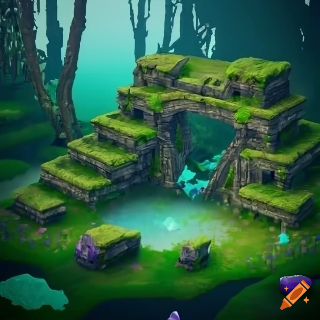 Isometric view of moss-covered Mayan stone ruins in a fantasy forest on ...
