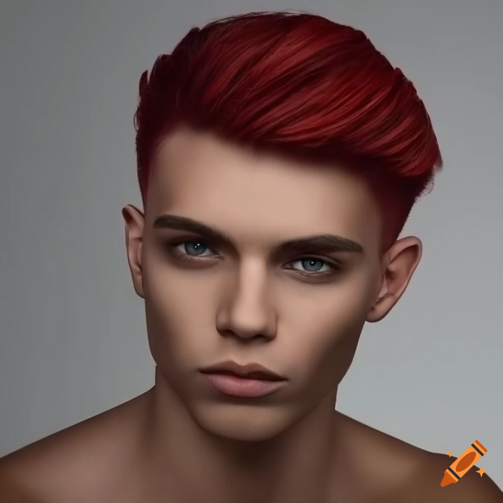 character design of a humanoid man with pointed ears and maroon hair