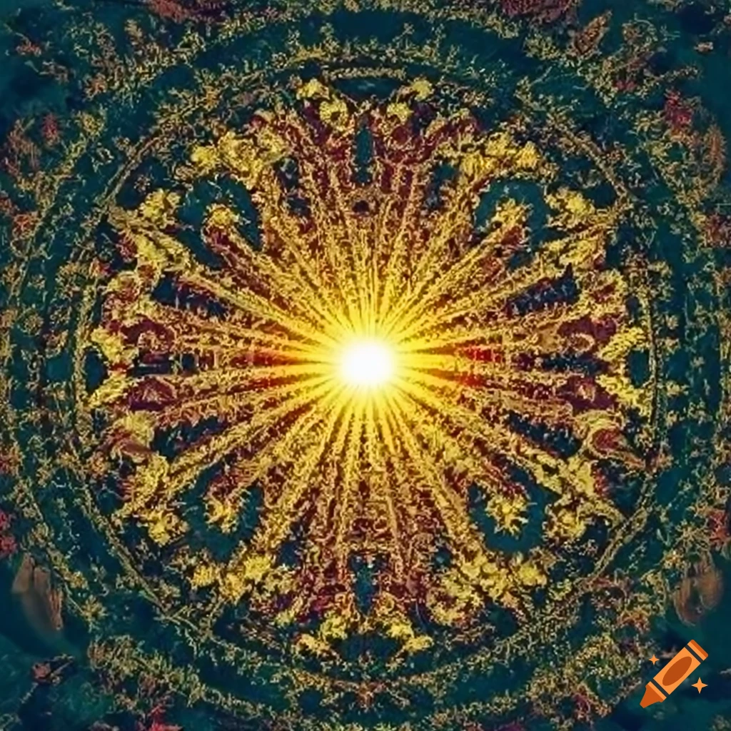 historic tapestry with a golden sunburst design