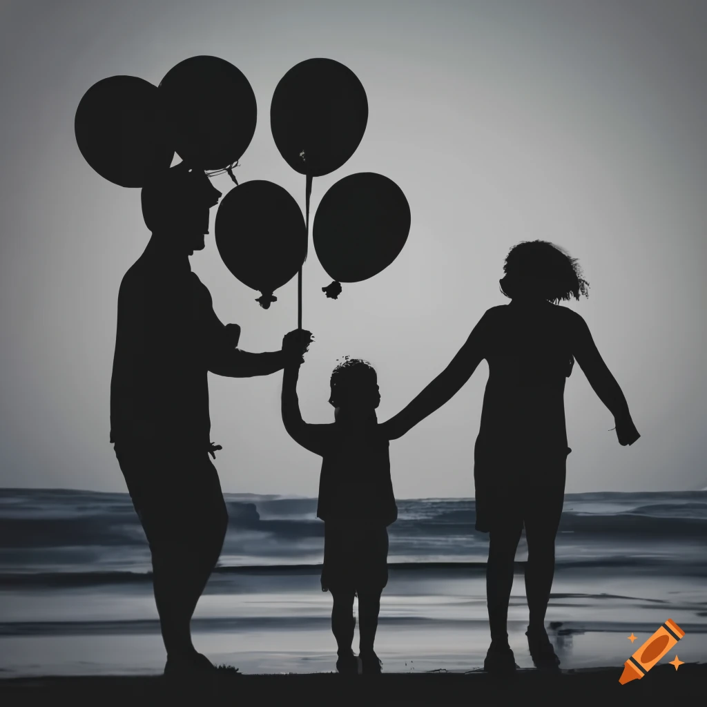 silhouette of a family with balloons