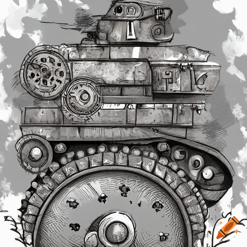 Black and white drawing of a ww2 tank in the forest on Craiyon