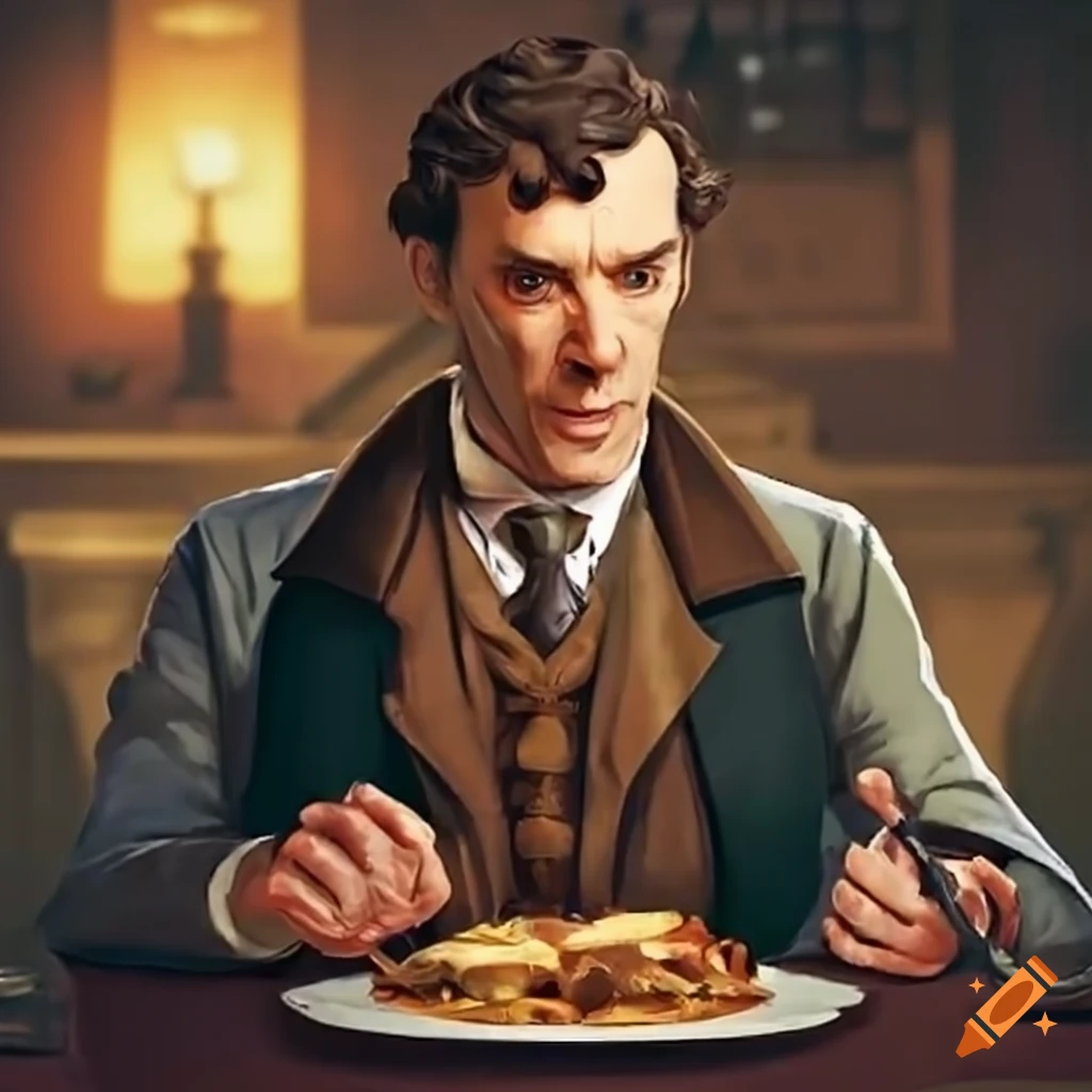 Sherlock holmes with a plate of moussaka