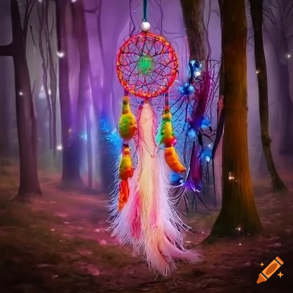 Colorful dream catchers in an enchanted forest