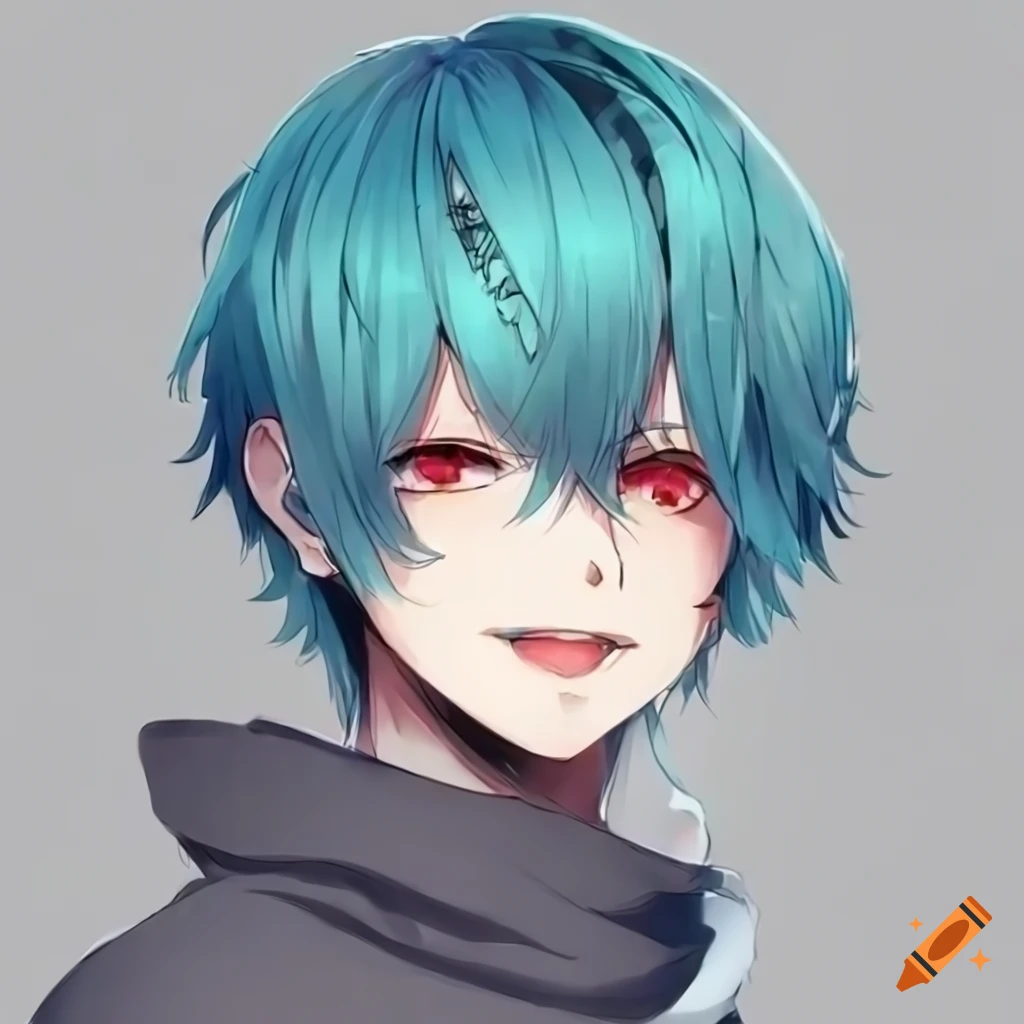 anime boy with aqua blue hair and red eyes