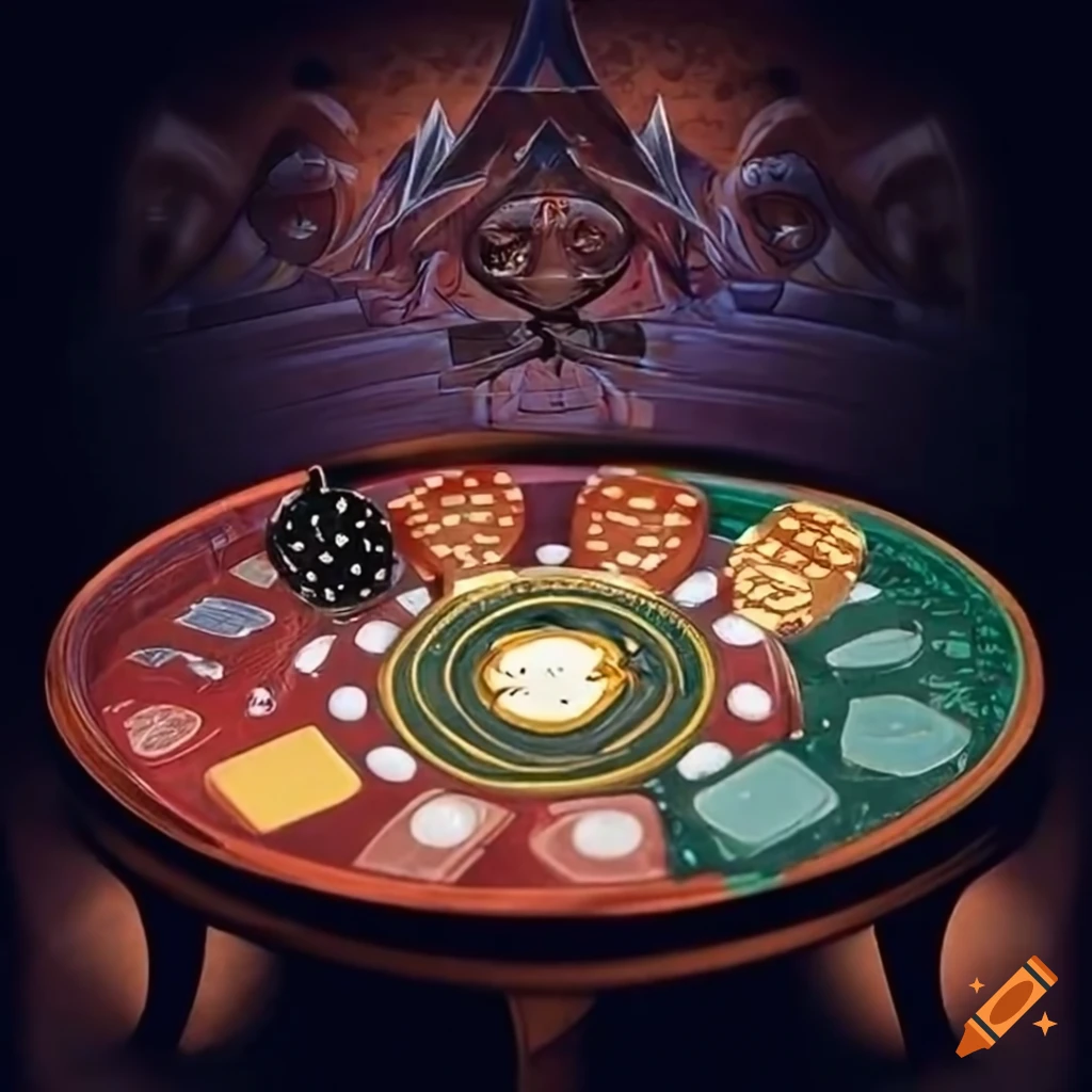 Yugiohstyle table with poker cards, dice, and chips on Craiyon