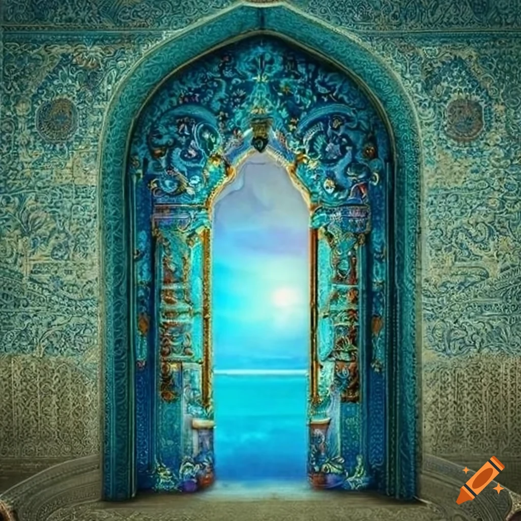 Ornate doorway to the sea with a persian carpet and sunset