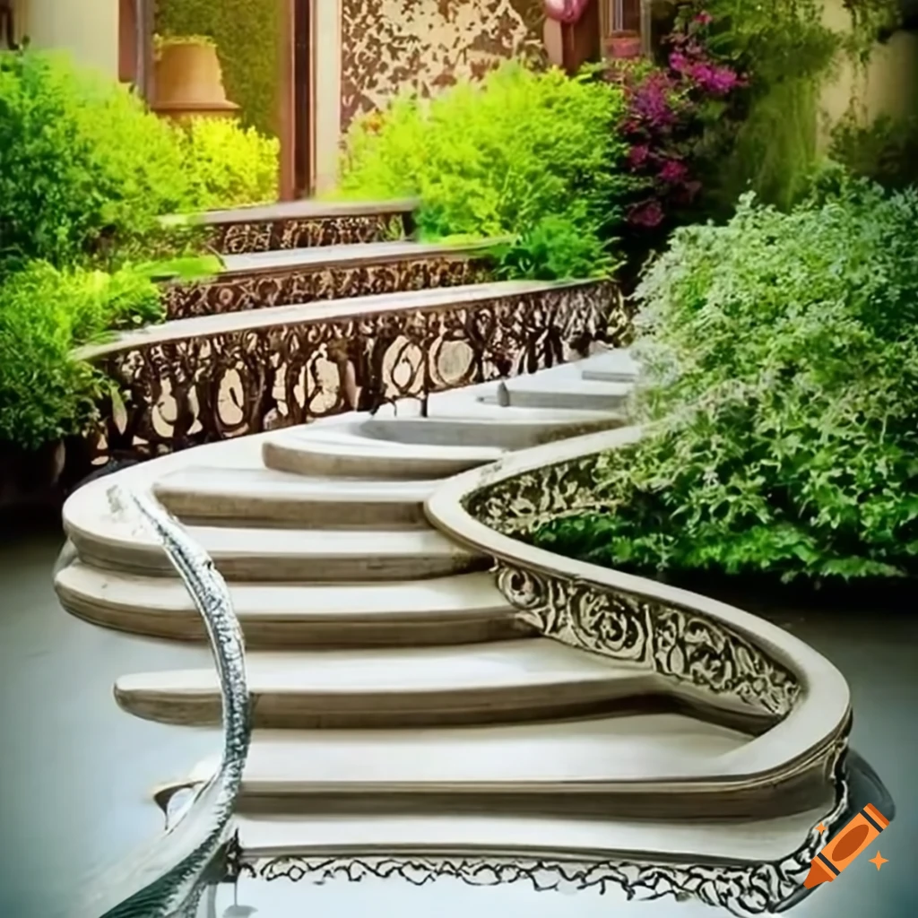 silver stairs leading to a balcony in a garden