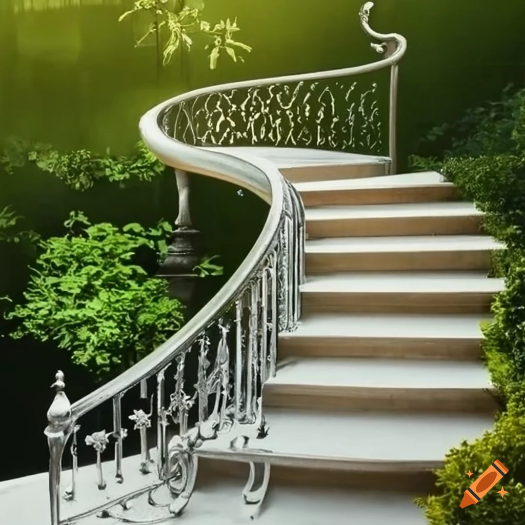 curved silver stairs leading to a balcony in a garden