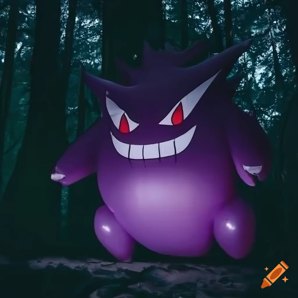 Inflatable gengar pokemon in a dark forest on Craiyon