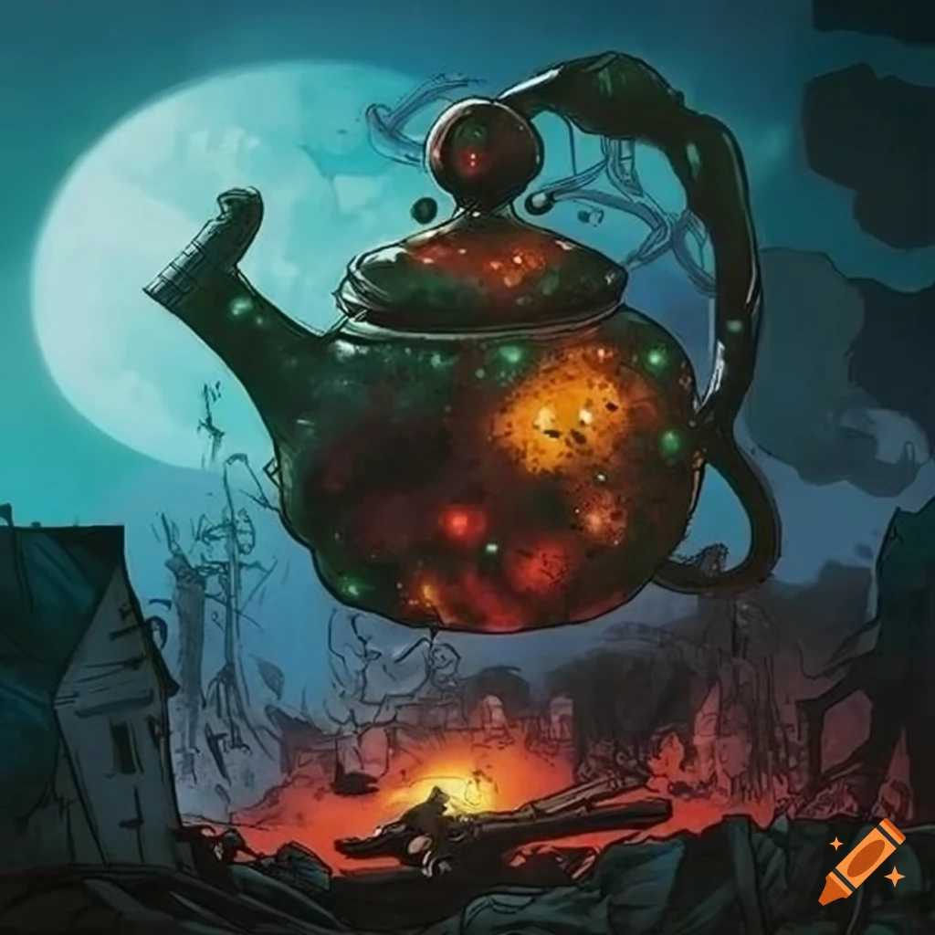 comic book art of a cosmic horror teapot destroying tanks