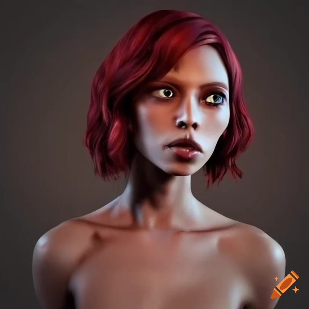 character design of a maroon-haired humanoid alien girl