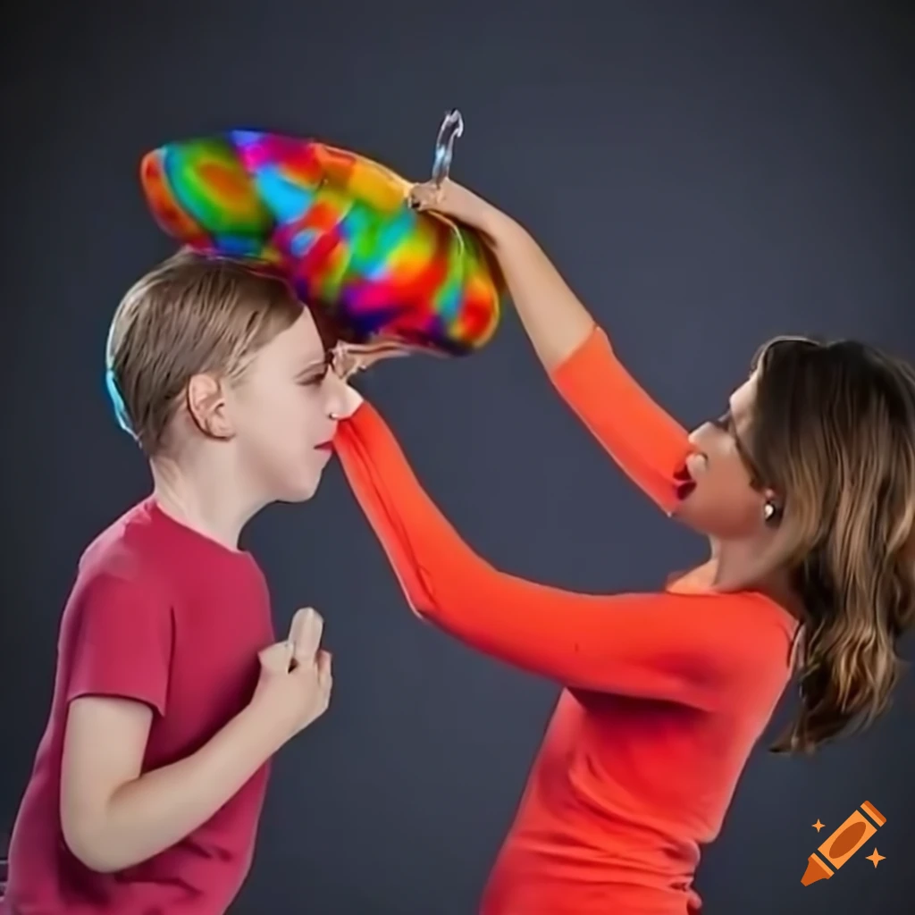 Colourful gunge pouring on a boy's head on Craiyon