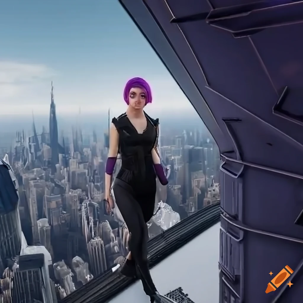 sci-fi girl with purple hair on a futuristic skyscraper