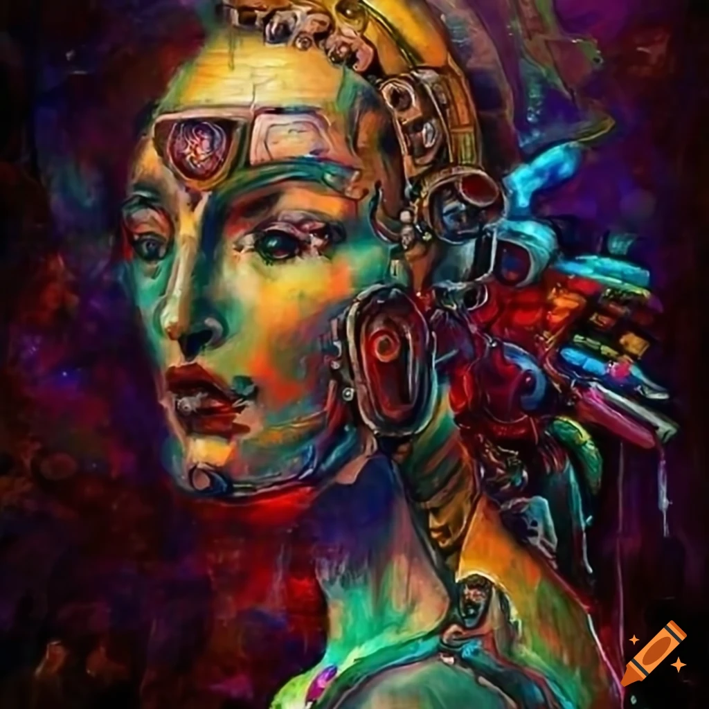 Renaissance painting of a robot God in a cyberpunk setting