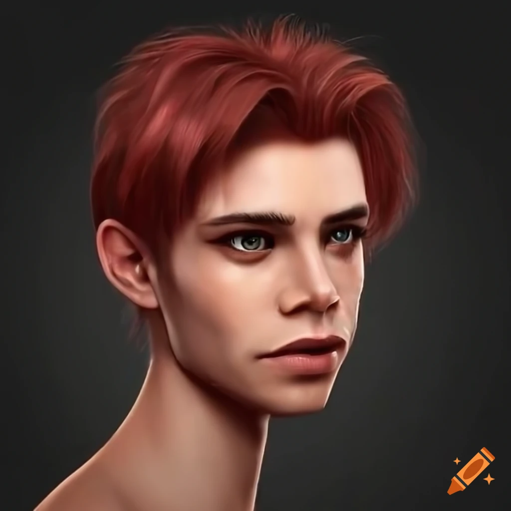 Digital artwork of a maroon-haired humanoid man on Craiyon