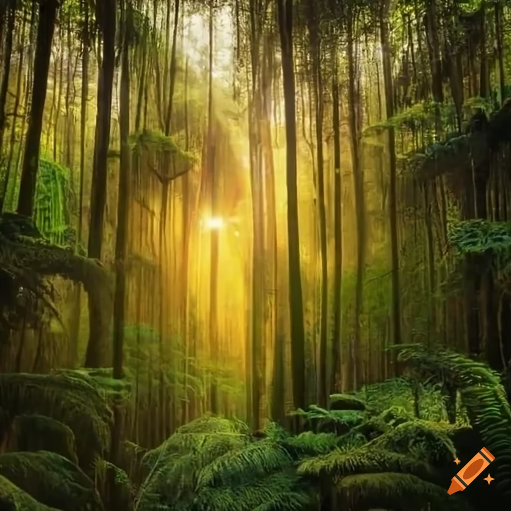 Golden sunlight filtering through a rainforest on Craiyon