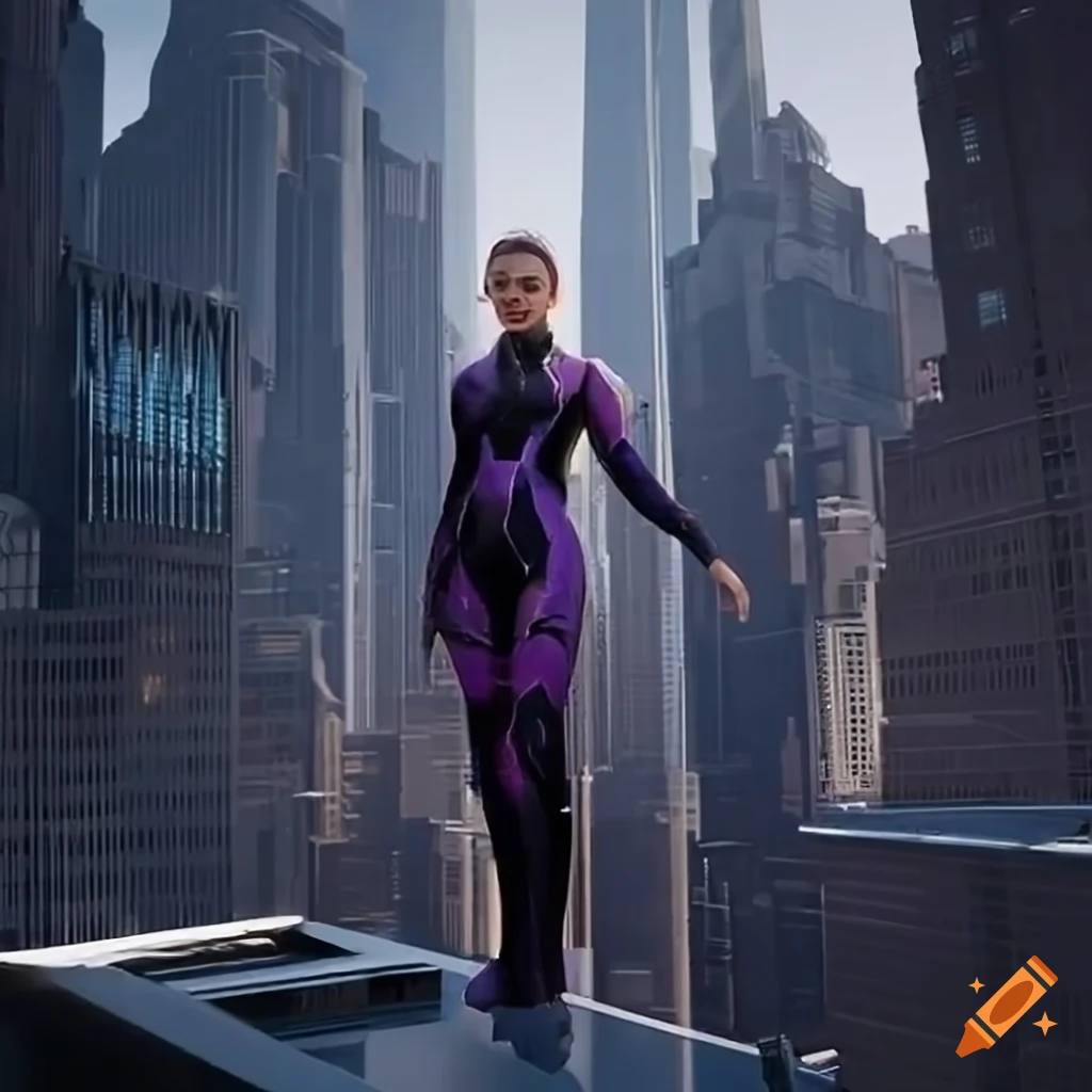 sci-fi girl on futuristic skyscraper in sci-fi New York
