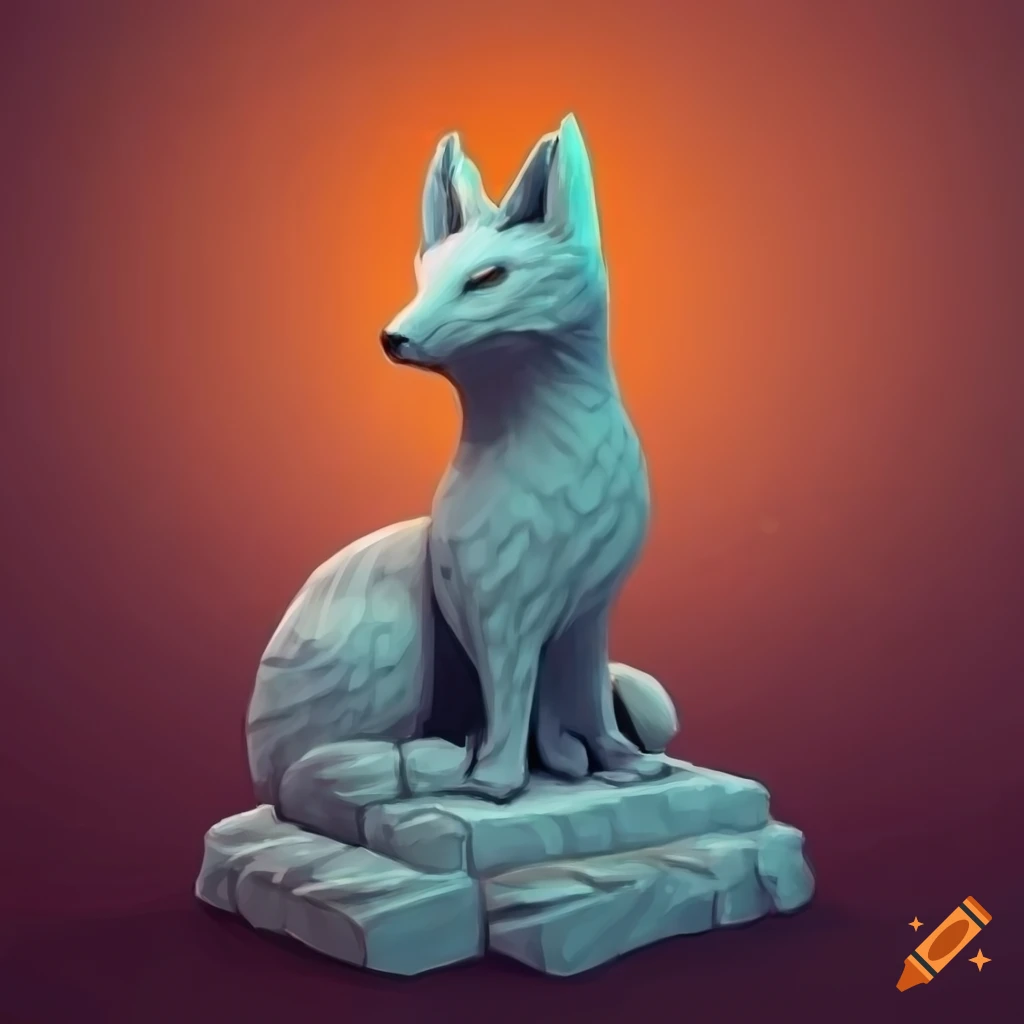Isometric game art of a stone kitsune statue