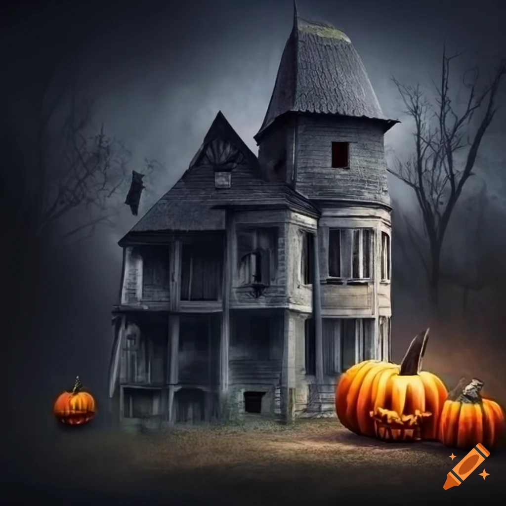 haunted house with pumpkins on Halloween