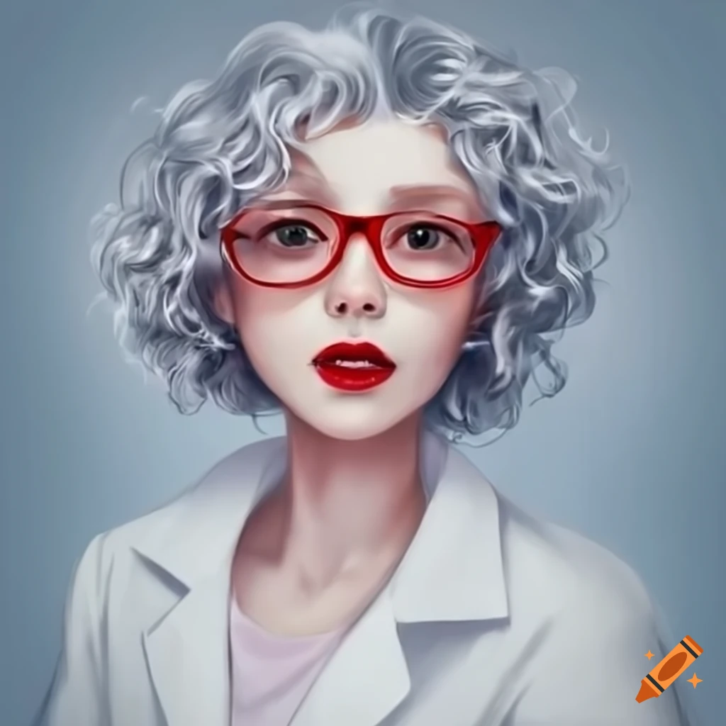 Elderly lady with curly white hair and red glasses