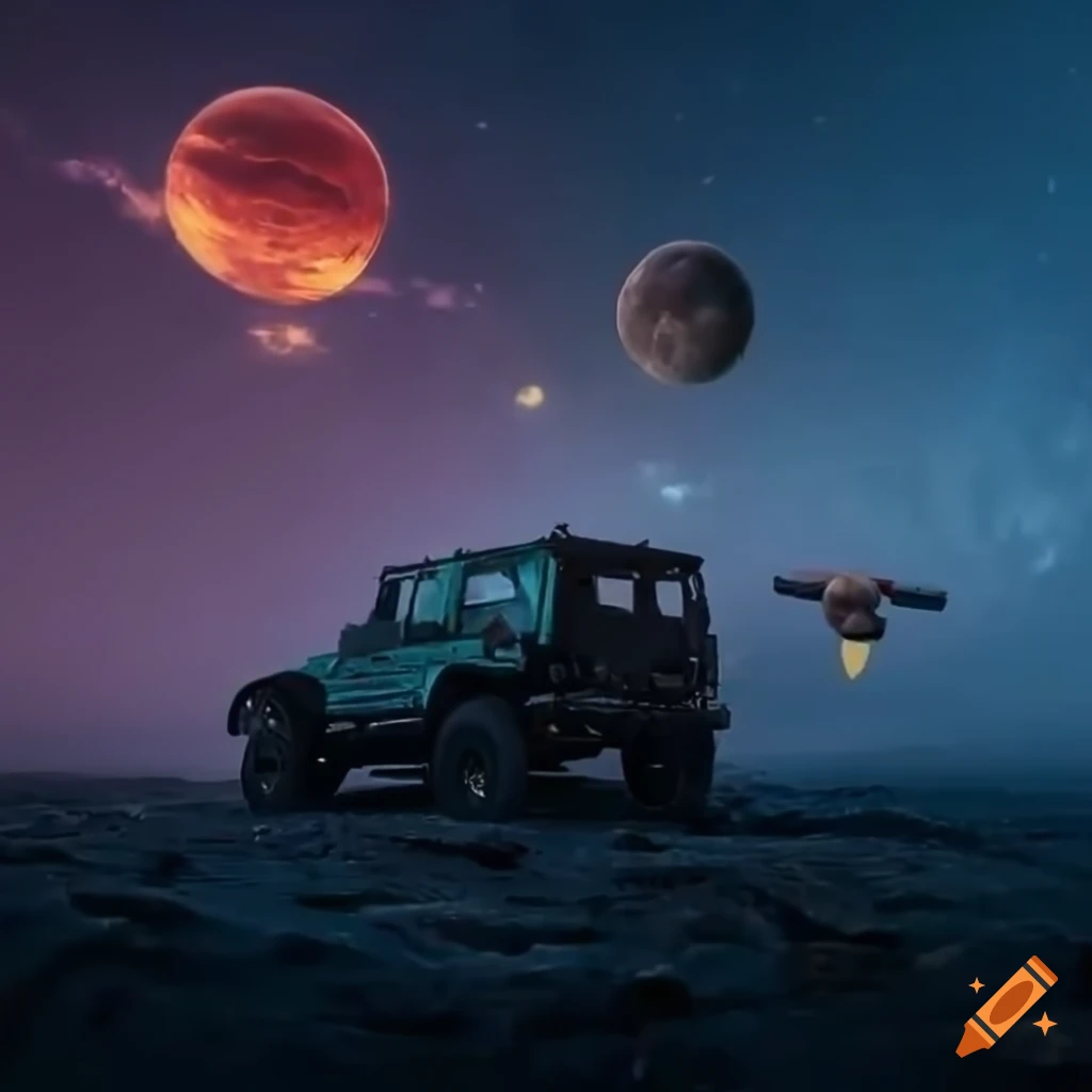 Jeep off-roading through a post-apocalyptic world at dusk