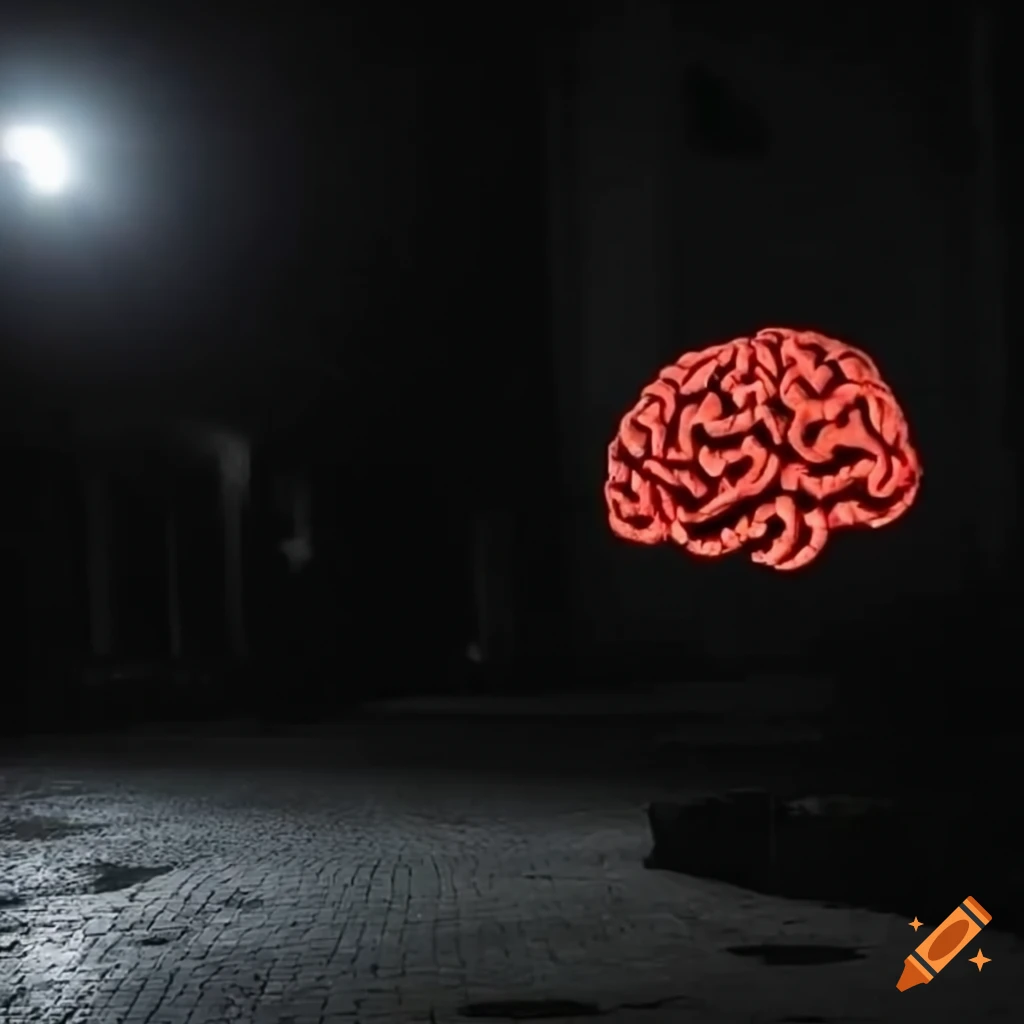 glowing giant brain in the dark street