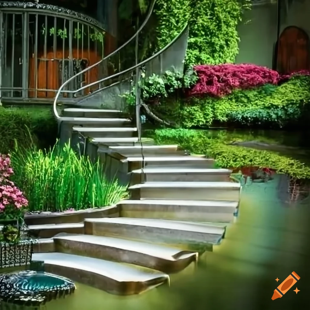 silver stairs leading to a balcony in a garden