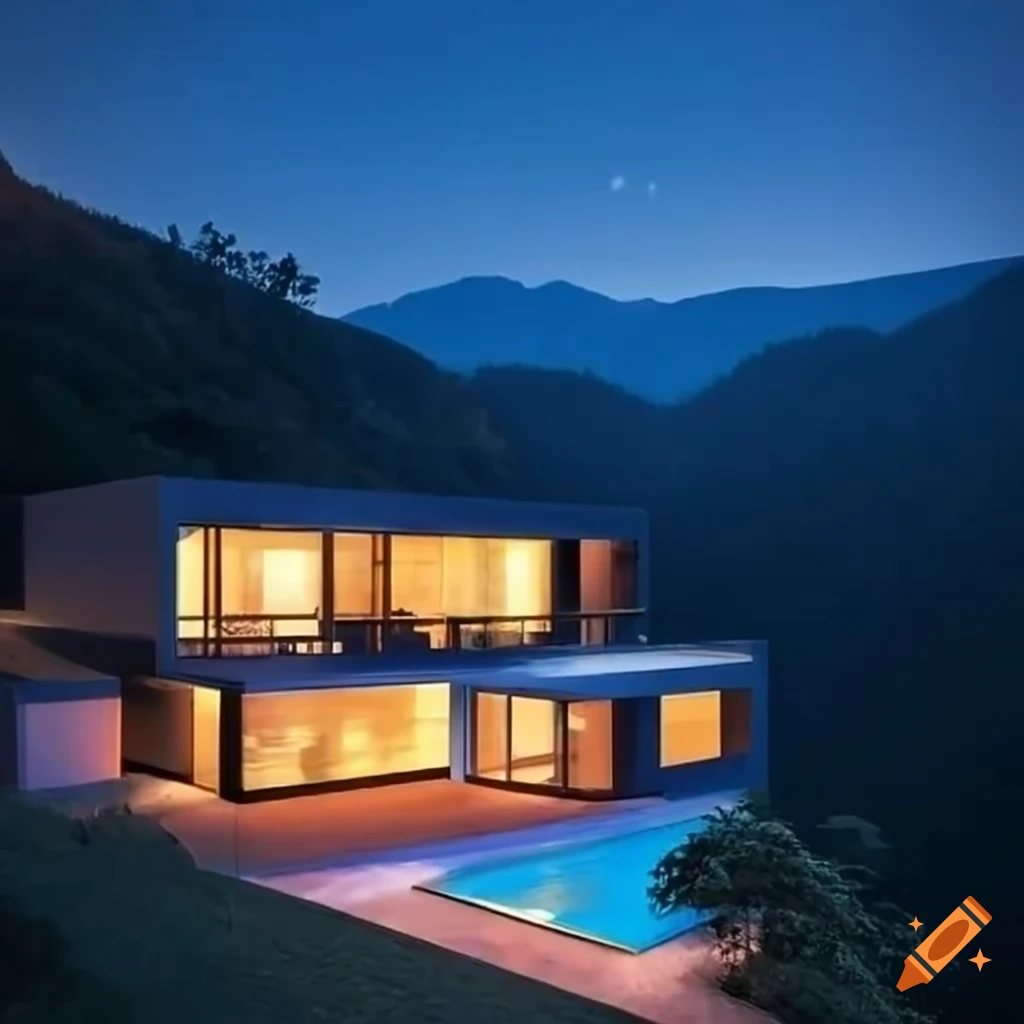 night view of a modern villa with a pool on a mountain