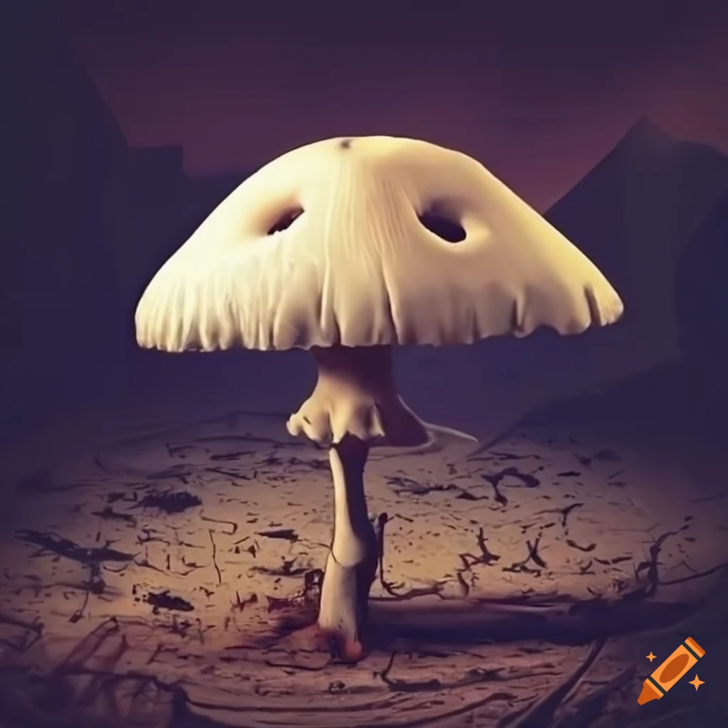 white mushroom skeleton in a barren landscape