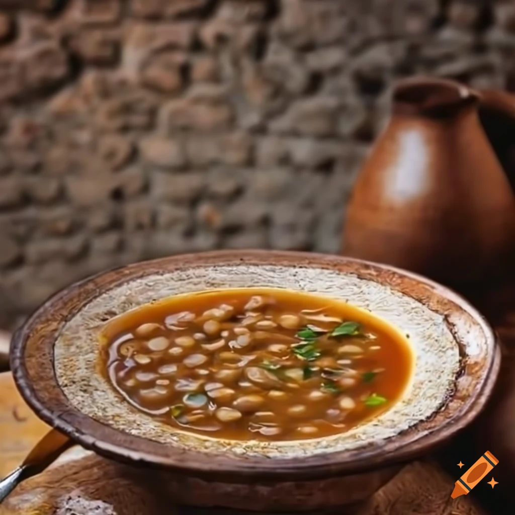 medieval lentil soup with chicken in a bowl