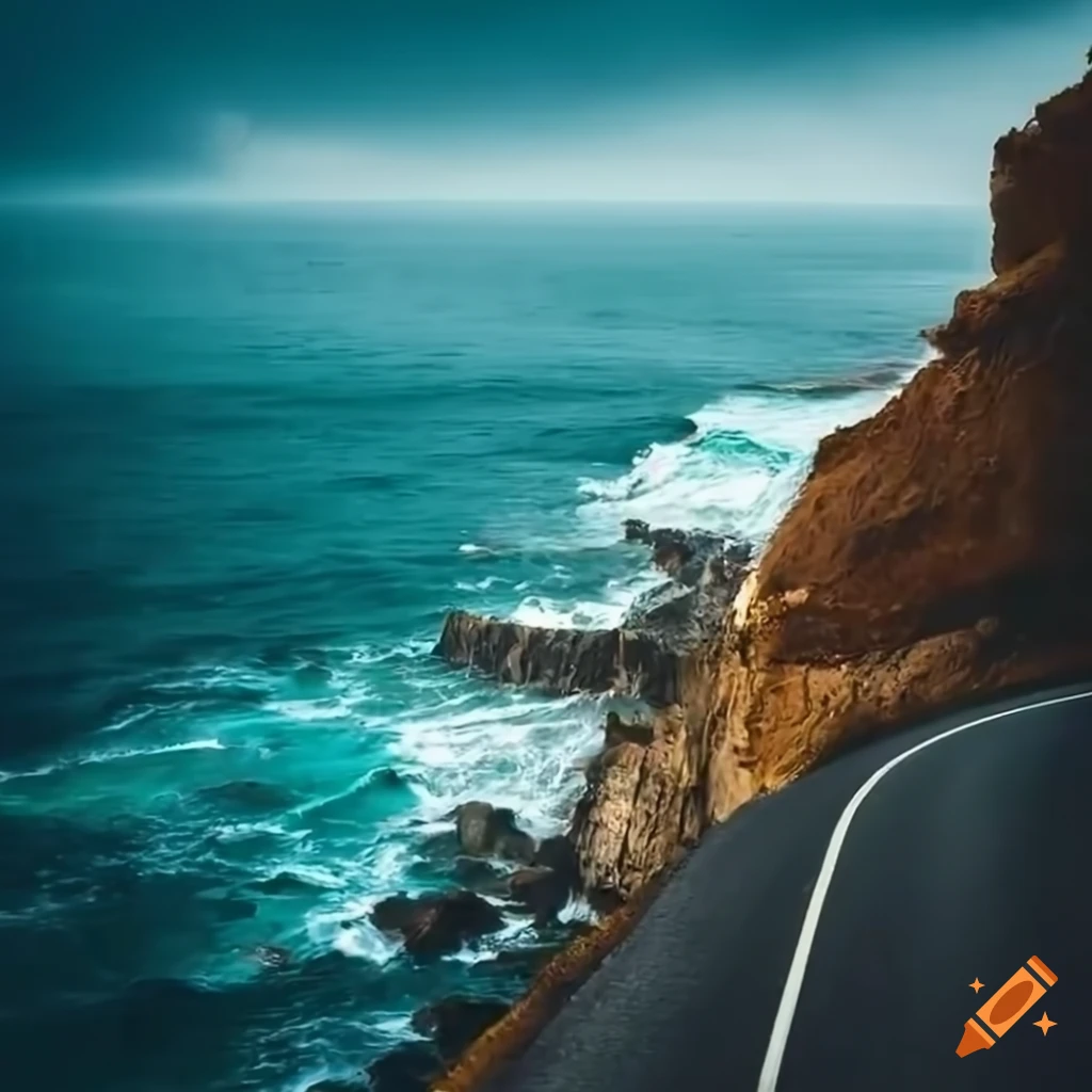 scenic coastal road with crashing waves