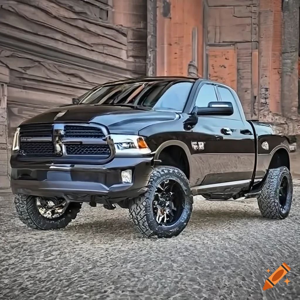 Black dodge ram 1500 express with 8 inch lift kit and custom rims on Craiyon