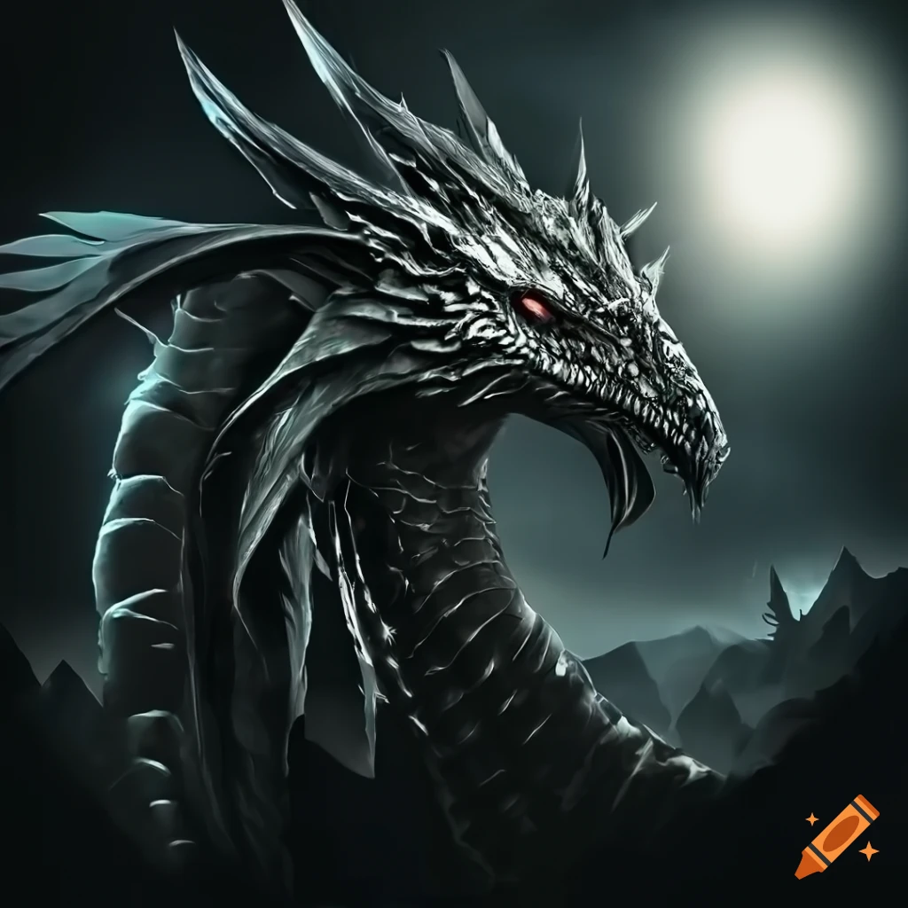 Realistic chrome black dragon in flight