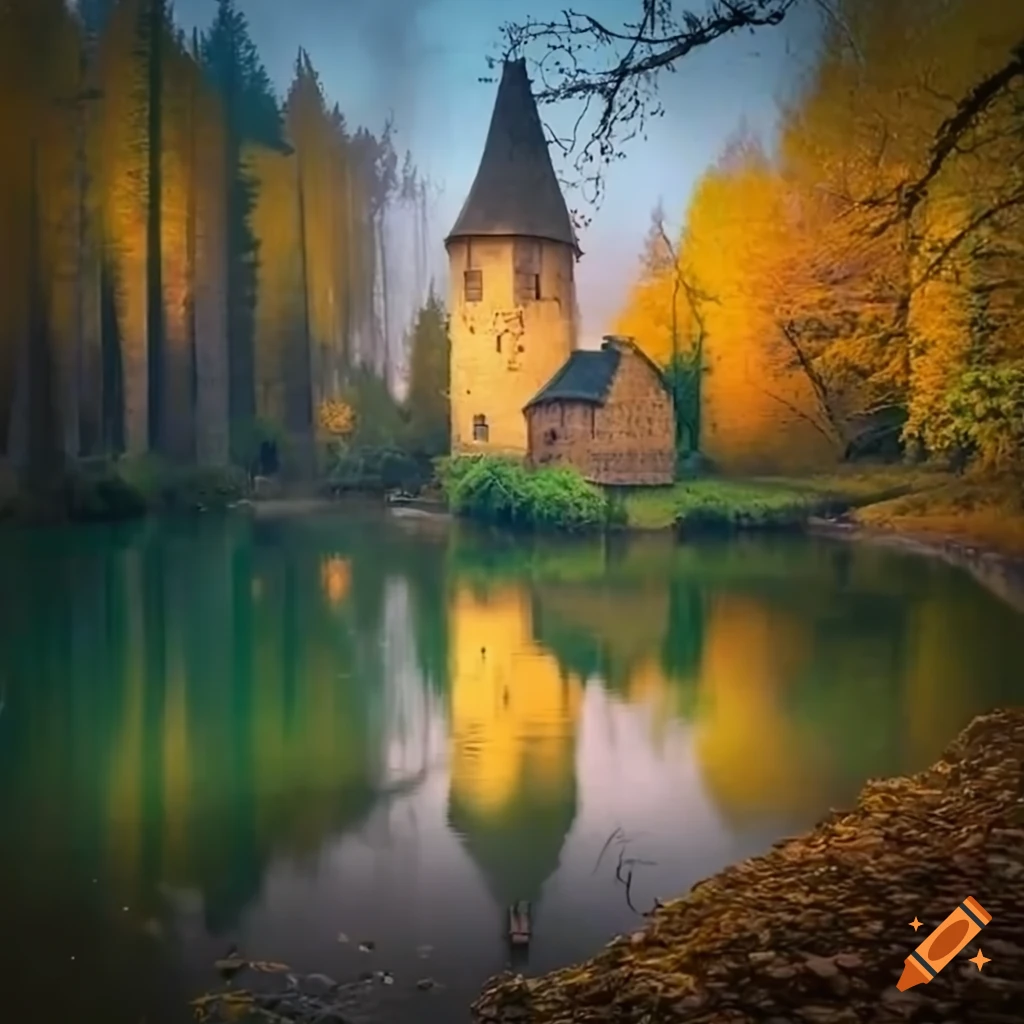 Medieval village near a river in a forest on Craiyon