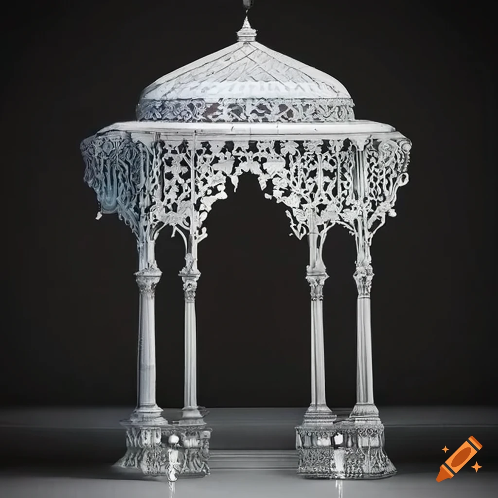 silver and white ornamental Islamic gazebo on a balcony