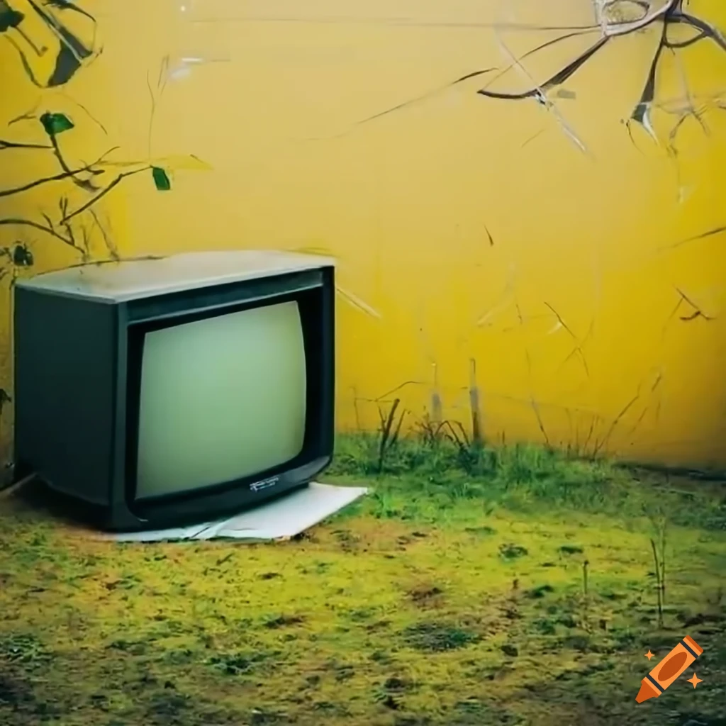 Broken crt tv with glasses in a foggy yard on Craiyon