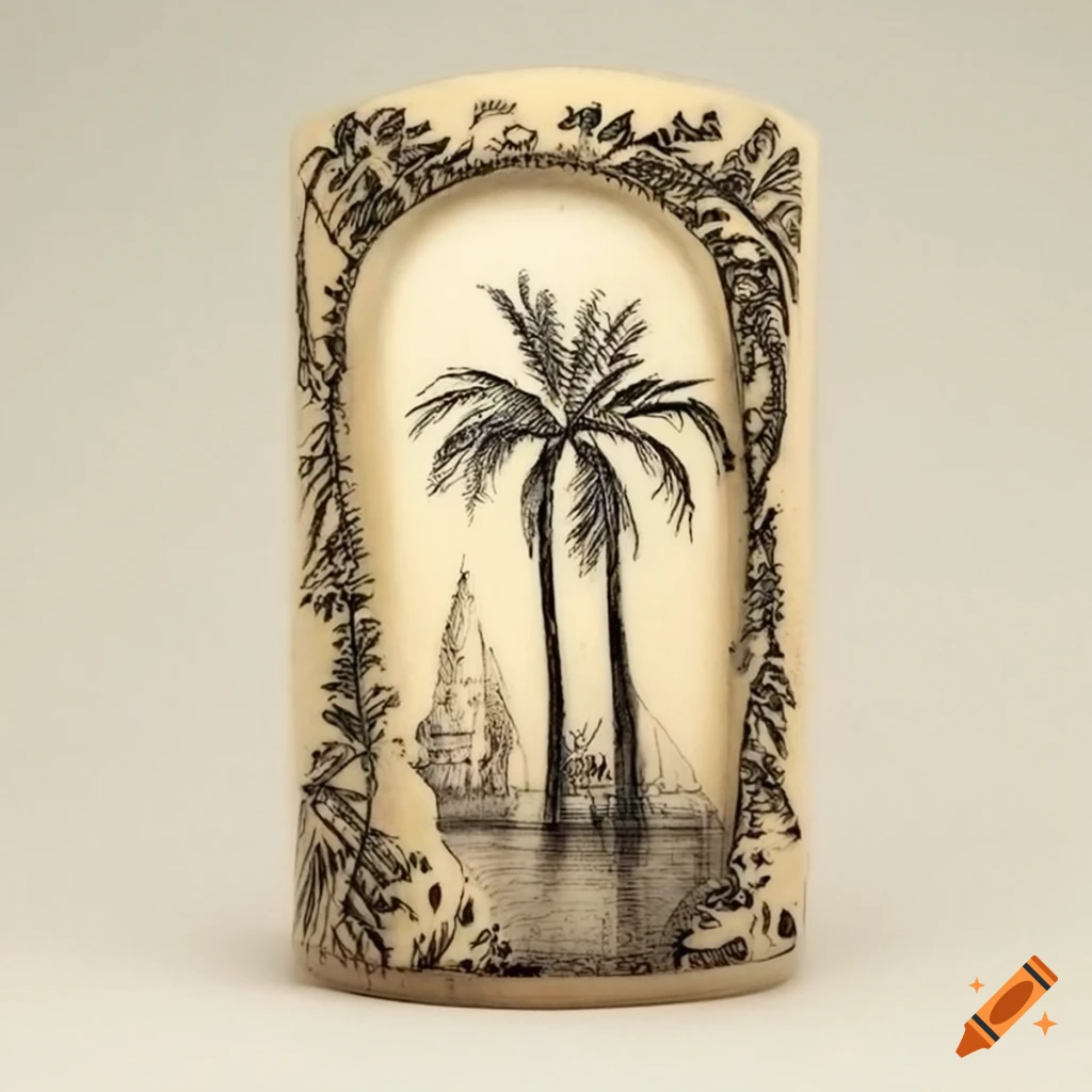 Scrimshaw drawing of palm trees on ivory