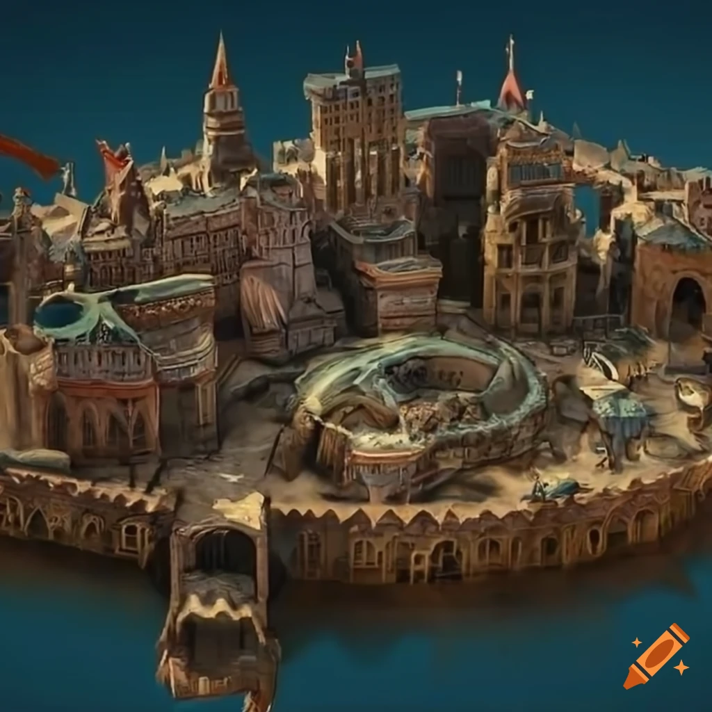 Detailed 3d model of a fantasy city with parks