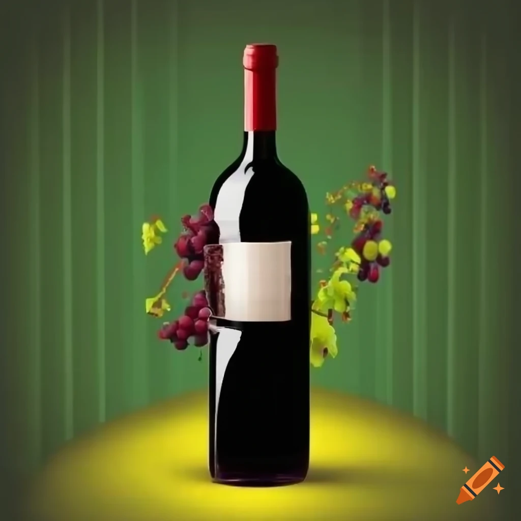 Luxurious red wine bottle with a vineyard backdrop on Craiyon