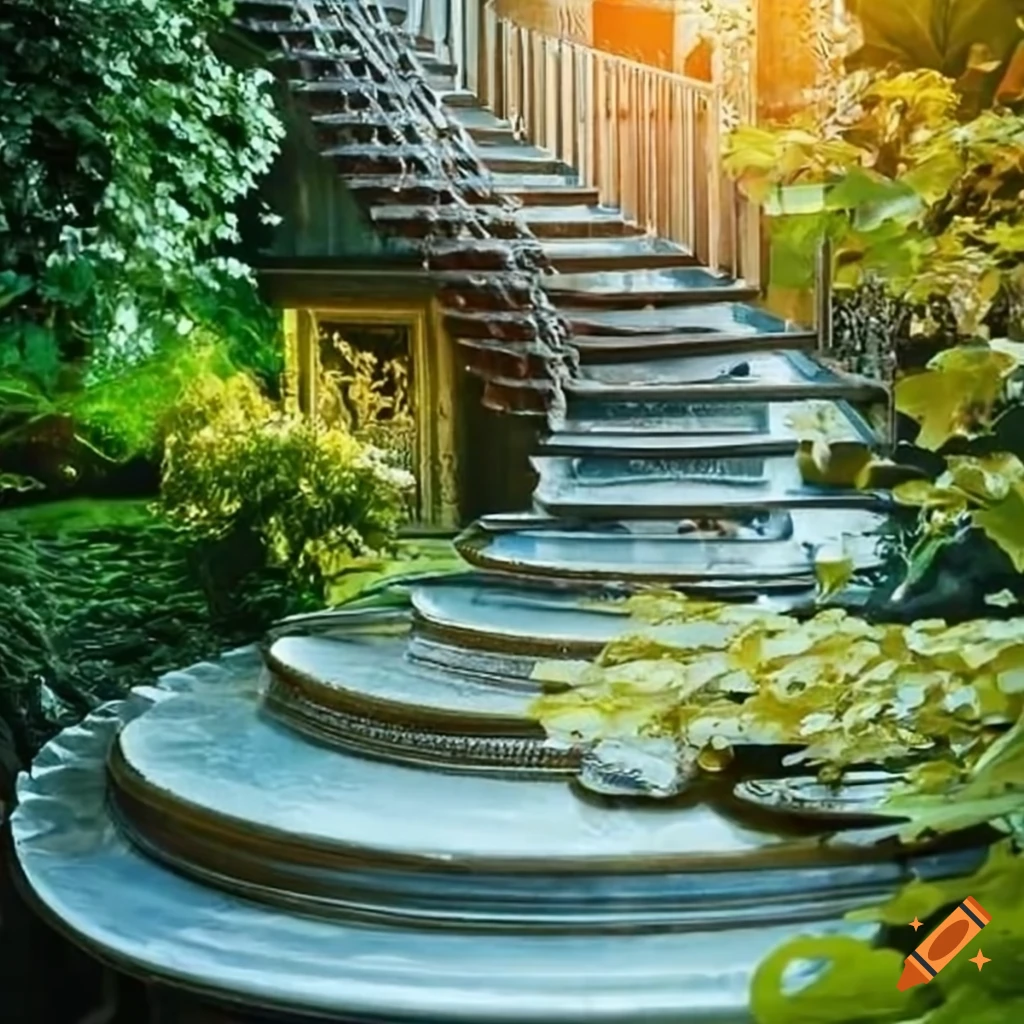 silver curved stairs leading to a balcony in a garden