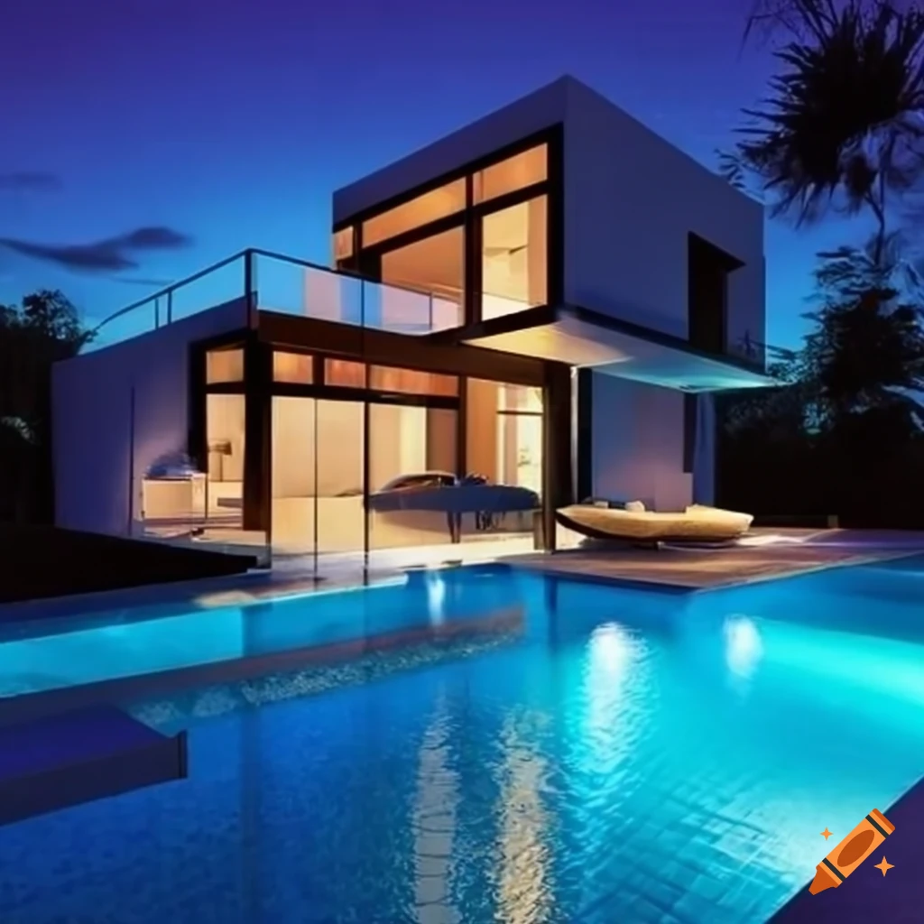night view of a modern villa with a pool