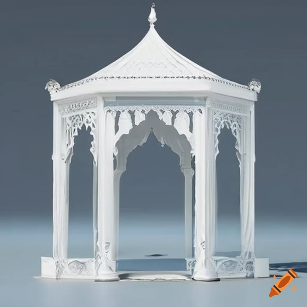 silver and white ornamental Islamic gazebo on a balcony