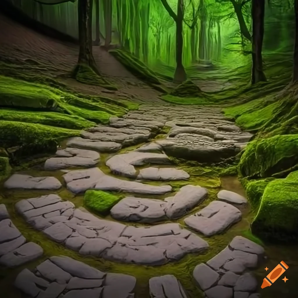 a scenic stone labyrinth with intricate pathways