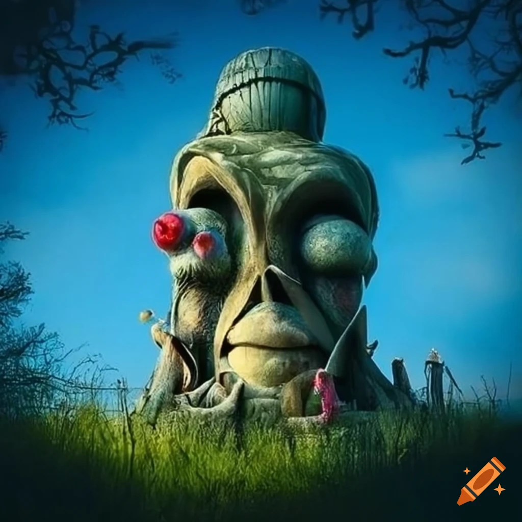 surrealist urban park with sculptures and evening clouds