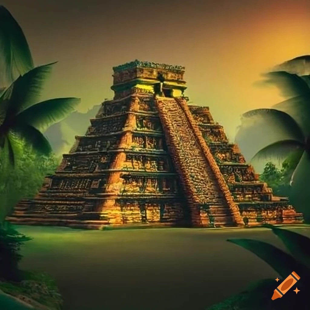 Golden aztec temple in a tropical forest on Craiyon