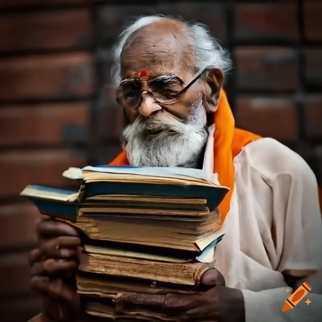 Old hindu student reading ancient books