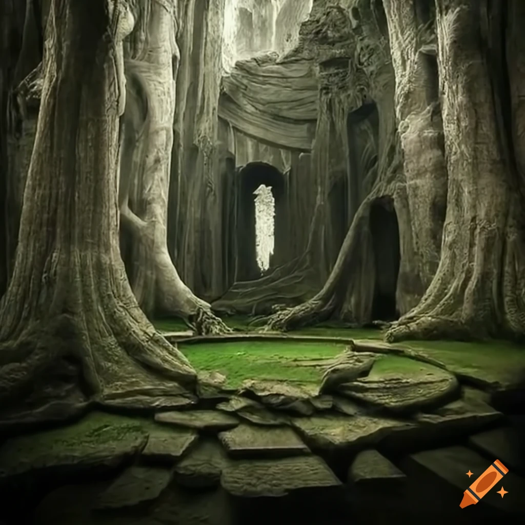 ancient ruins of stone-carved trees in Moria